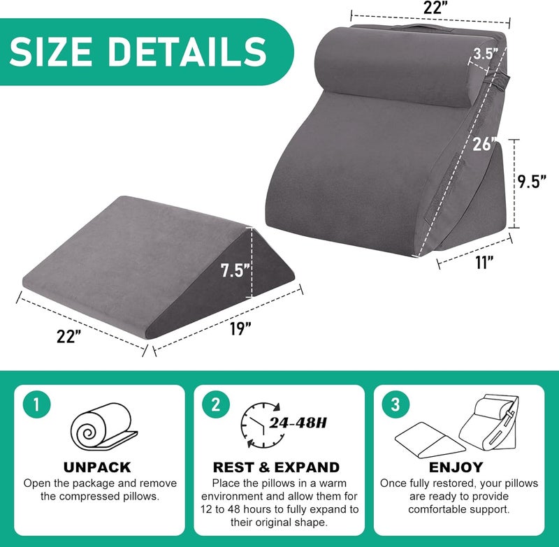 Bambulex 4PCS Wedge Pillow Set for After Surgery, Orthopedic Bed Wedge Pillow for Back Pain Relief, Sitting Up in Bed, Acid Reflux, Adjustable Post Surgery Pillows for GERD, Snoring, Velvet Grey - Image 2